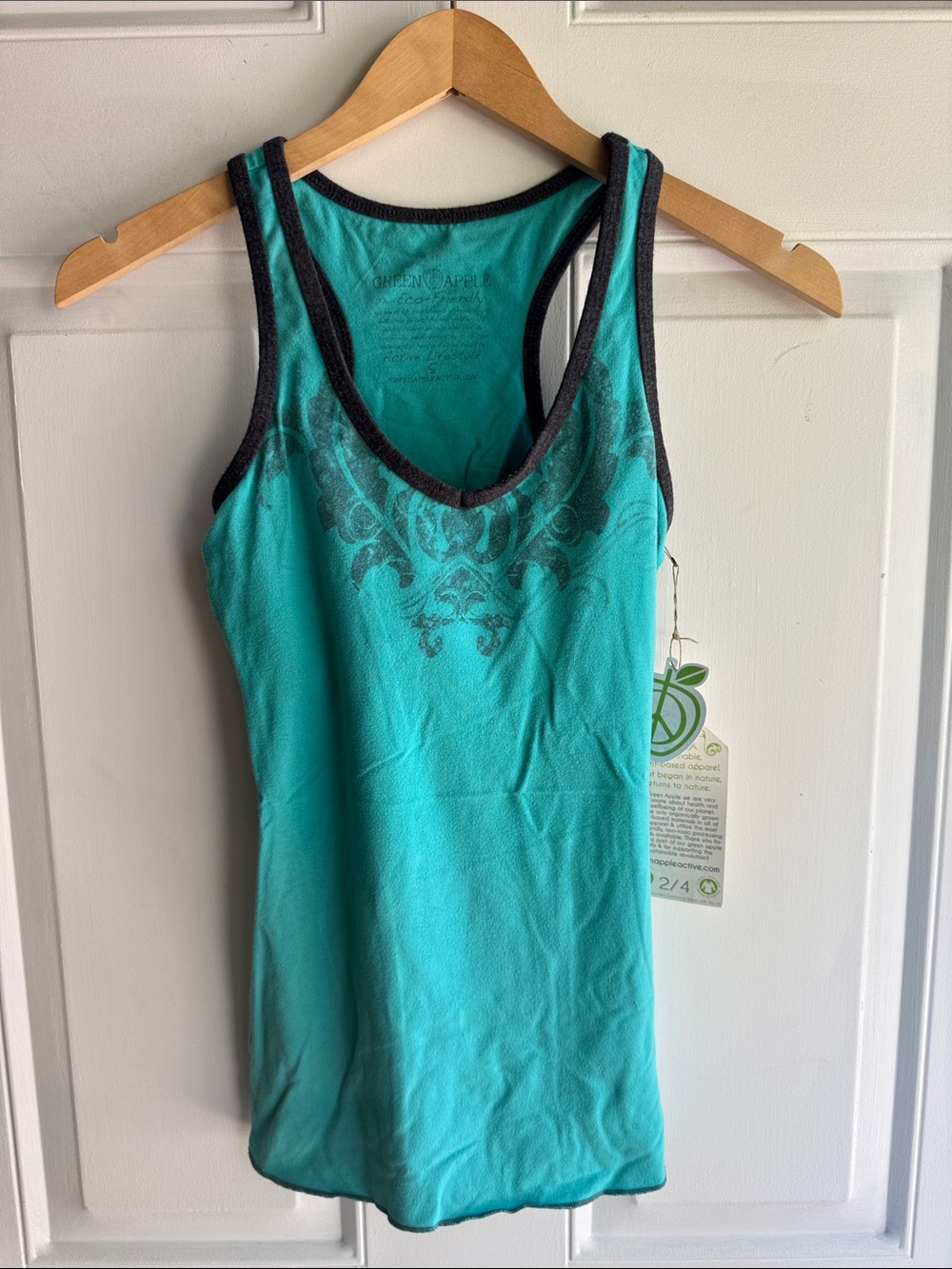 Green Apple Sustainable Bamboo Cotton - Tank Top - Aqua with print  - Small NWT
